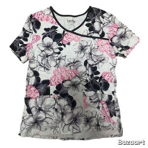 Sz Med Butterfly Floral Scrub Top Landau